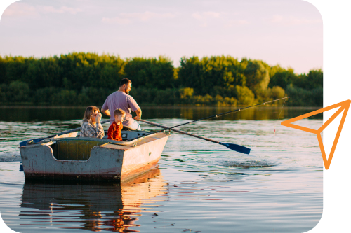 A man and his young children are on a lake in a rowboat
